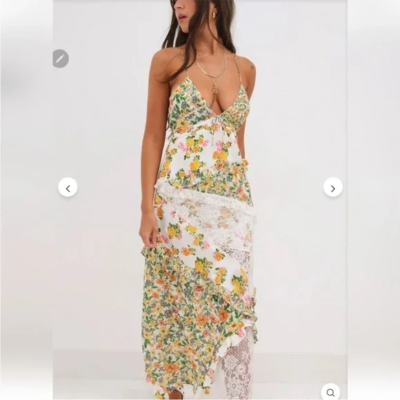 For Love And Lemons Floral The Rosalyn Maxi Marigold Green XL NEW